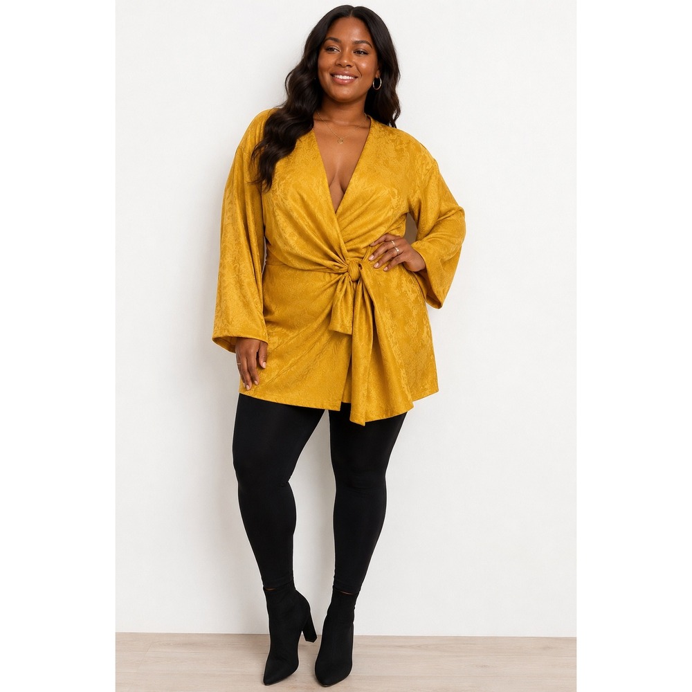 Zara Mustard Yellow Jacquard Floral Front Knot Plunging Mini Dress or Top Boho - Picture 2 of 8